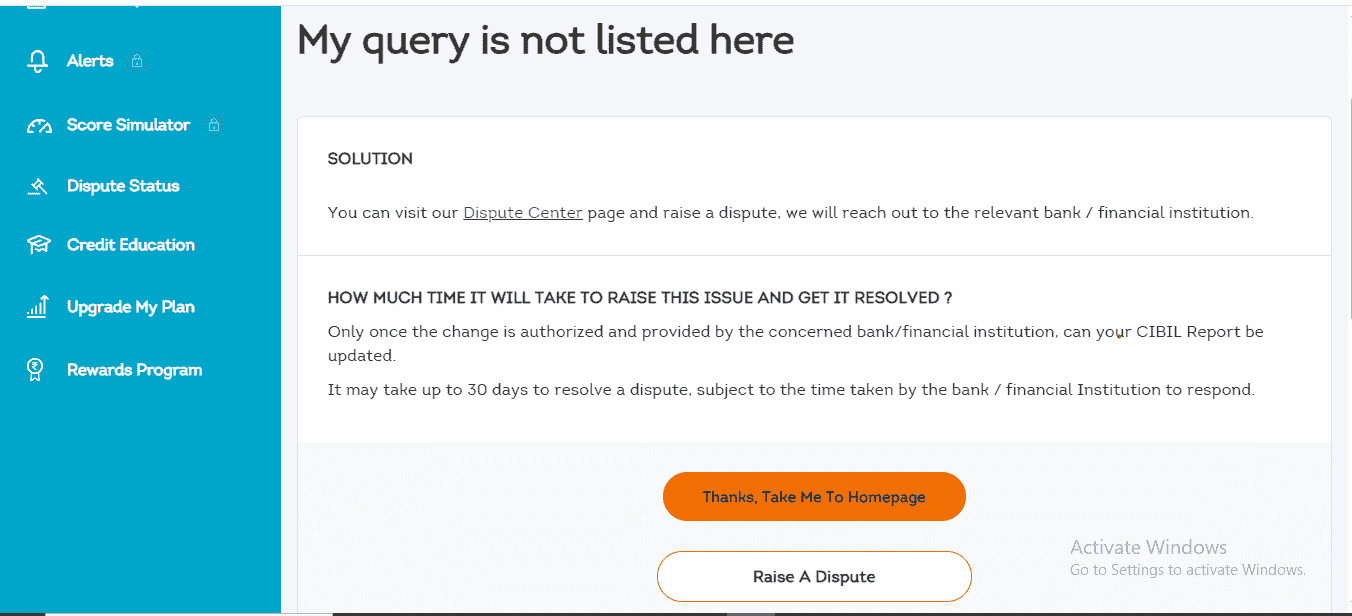 CIBIL dispute next screen after clicking raise dispute